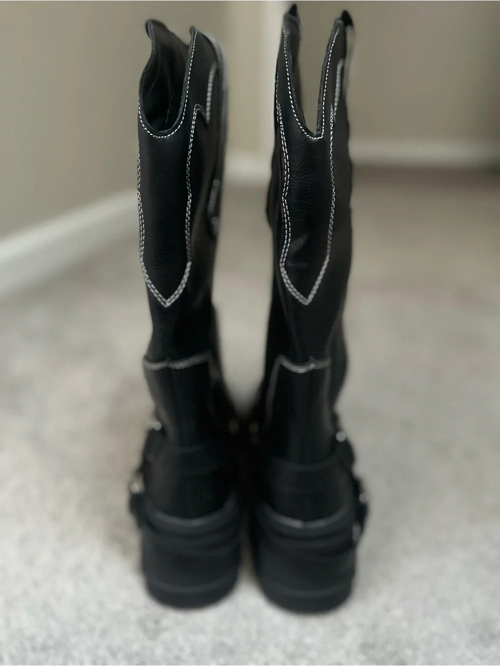 Black Western-Style Harness Chunky Sole Boots